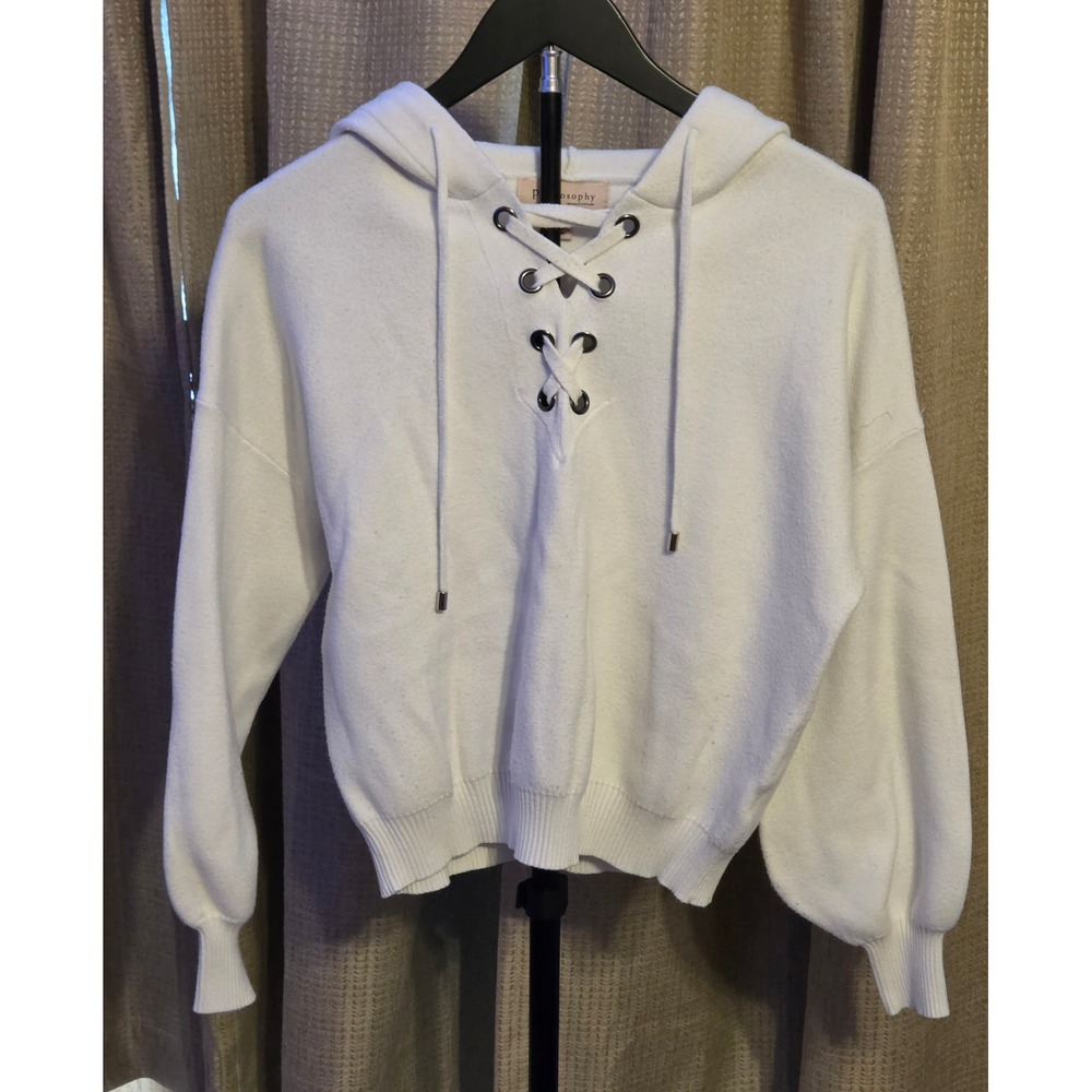 Philosophy Hooded Pullover Sweater Women's Size Small White Lace Up